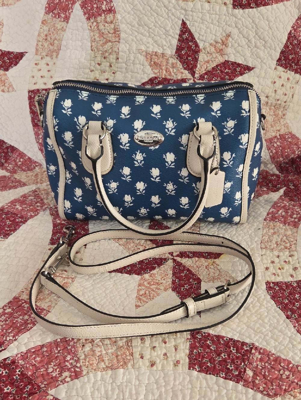 Coach Blue Floral Mini Satchel with Cream Trim and crossbody strap & dusty